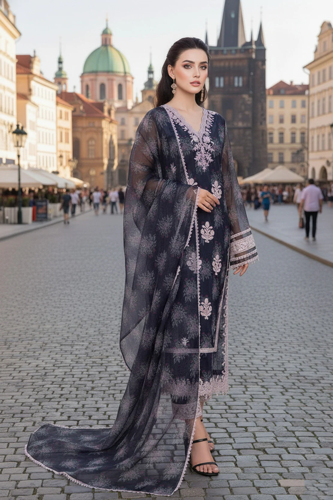 MIDNIGHT BLOSSOM - 3PC ORGANZA & RAWSILK LUXURY PRET - Image 3