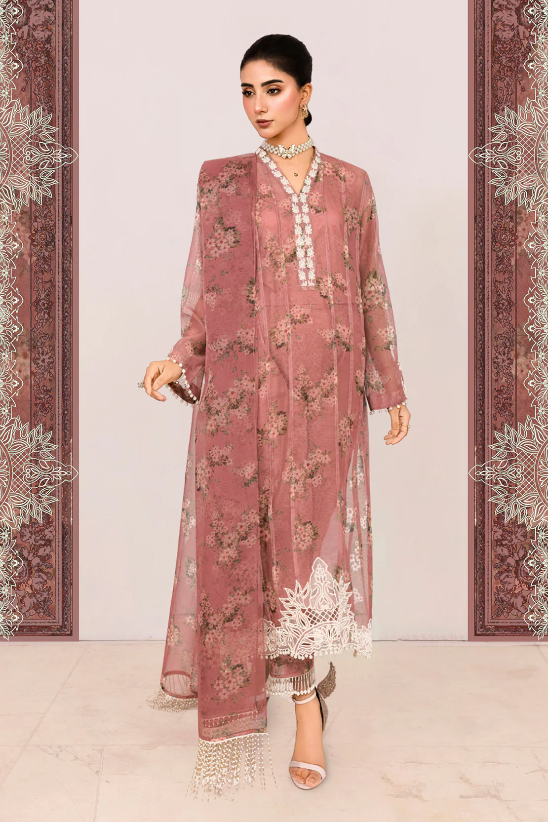 ABROSH – 3PC COTTON NET, ORGANZA & LAWN EID FESTIVE PRET - Image 4