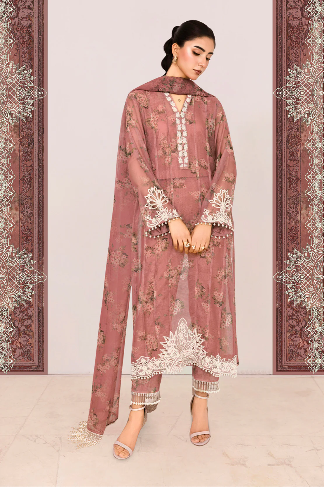 ABROSH – 3PC COTTON NET, ORGANZA & LAWN EID FESTIVE PRET - Image 7