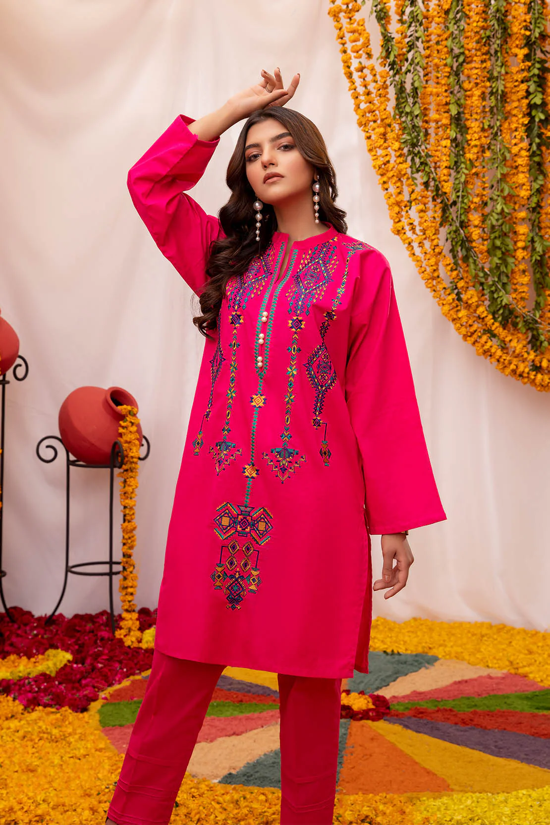 Solid Embroidered Fusion Kurti - Image 5