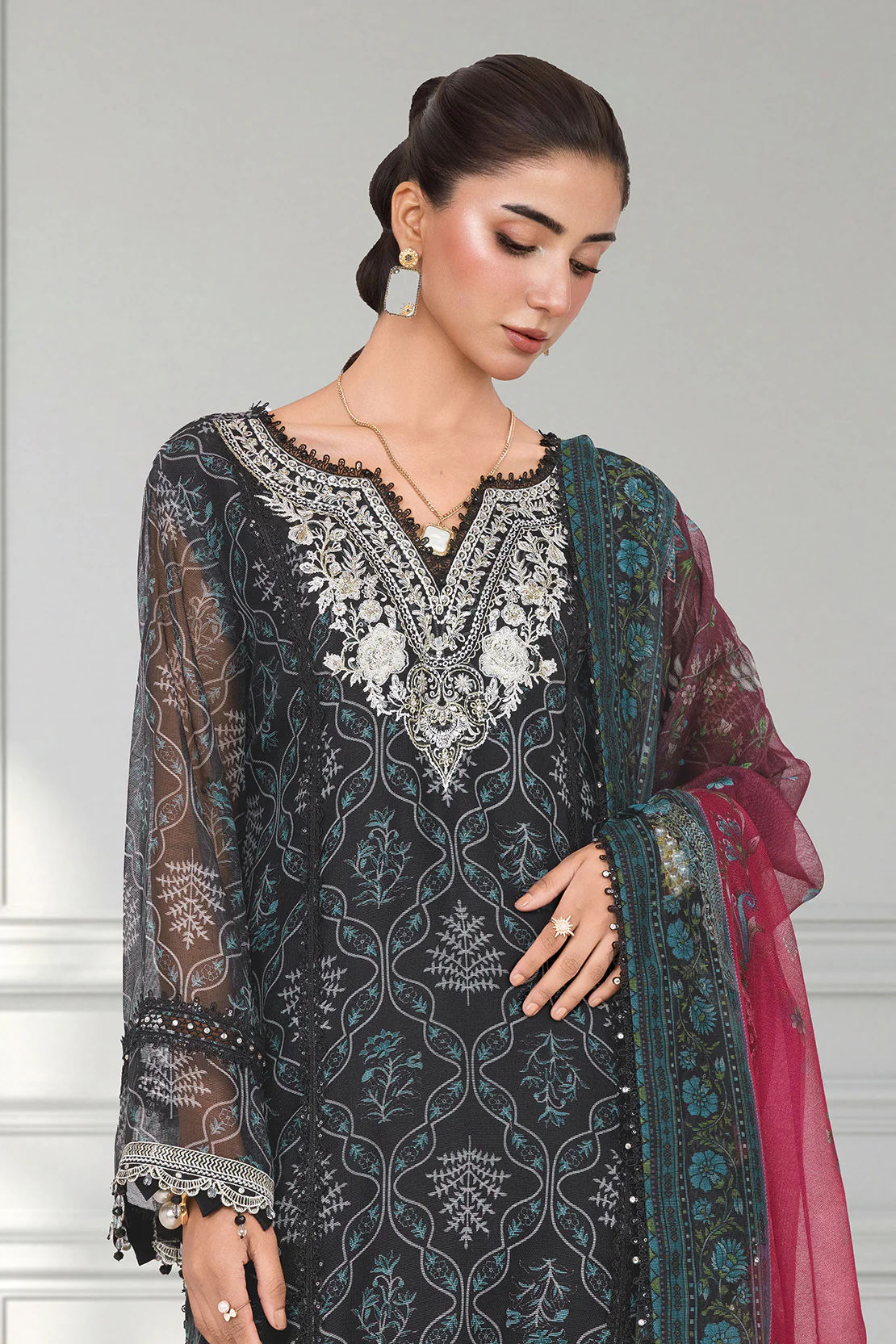Embroidered - 3 Pc Cotton Net Suit - Image 4