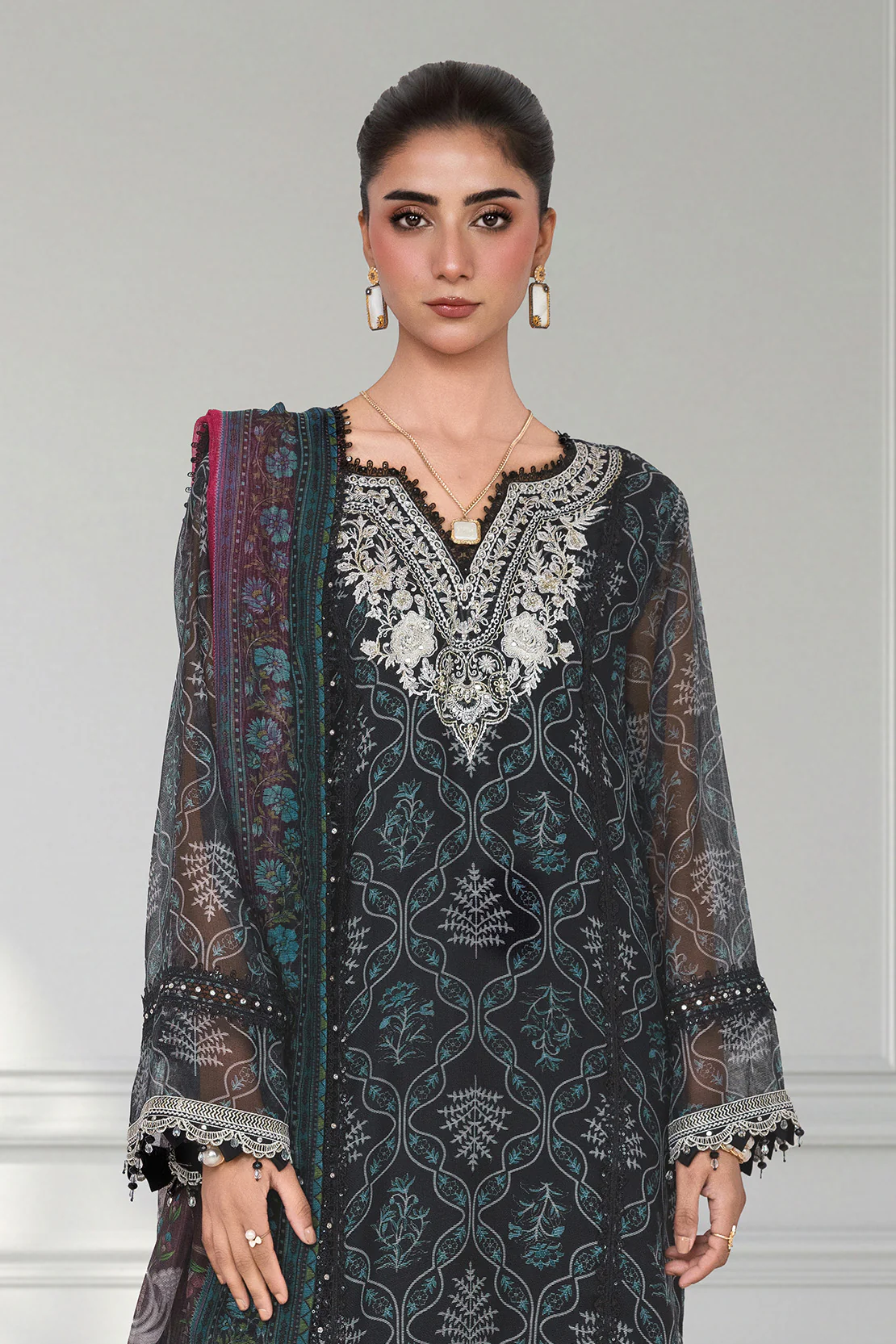 Embroidered - 3 Pc Cotton Net Suit - Image 5