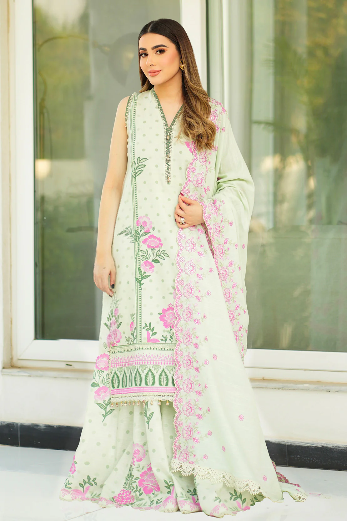 3 Pc Karandi Suit - Embroidered Shawl - Image 6