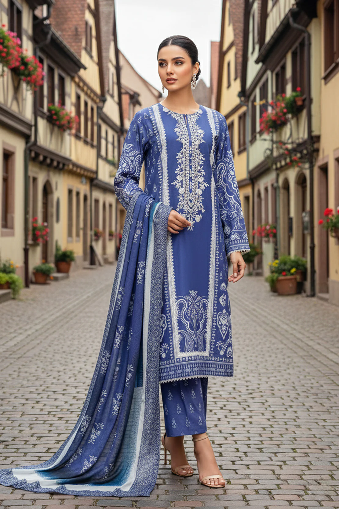 Embroidered - 3 Pc Slub Karandi Suit - Image 3