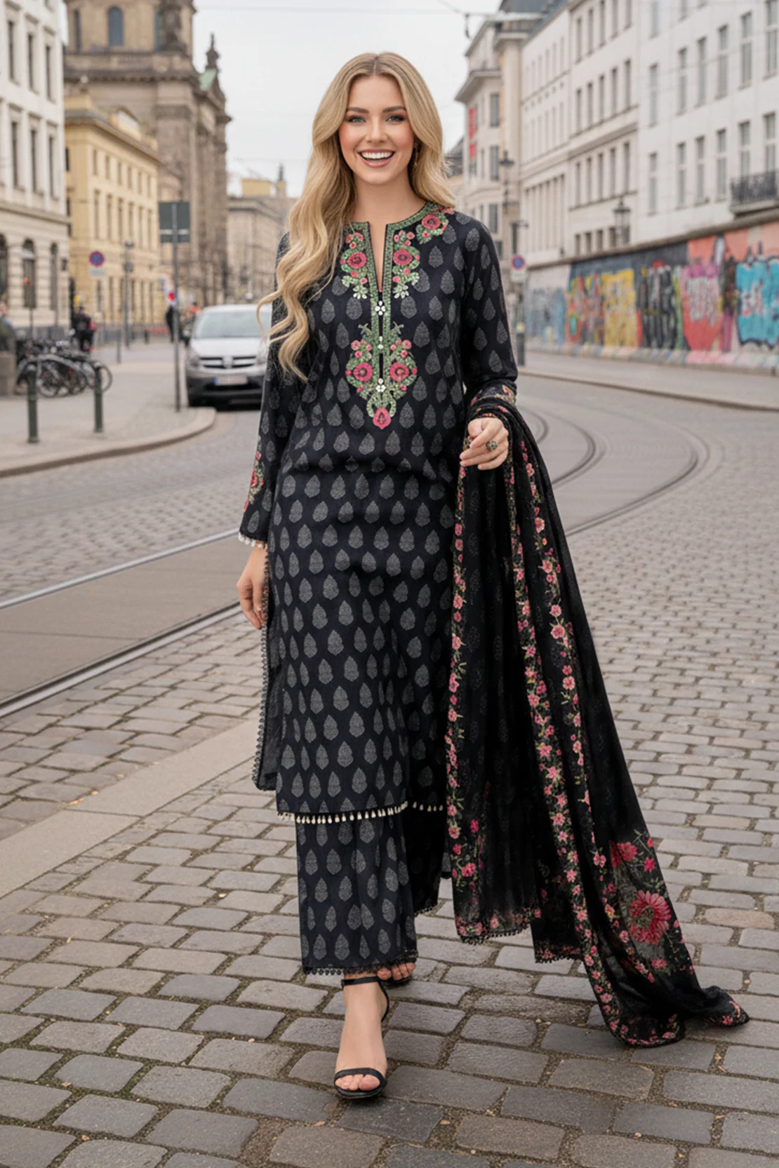 Embroidered - 3 Pc Slub Karandi Suit