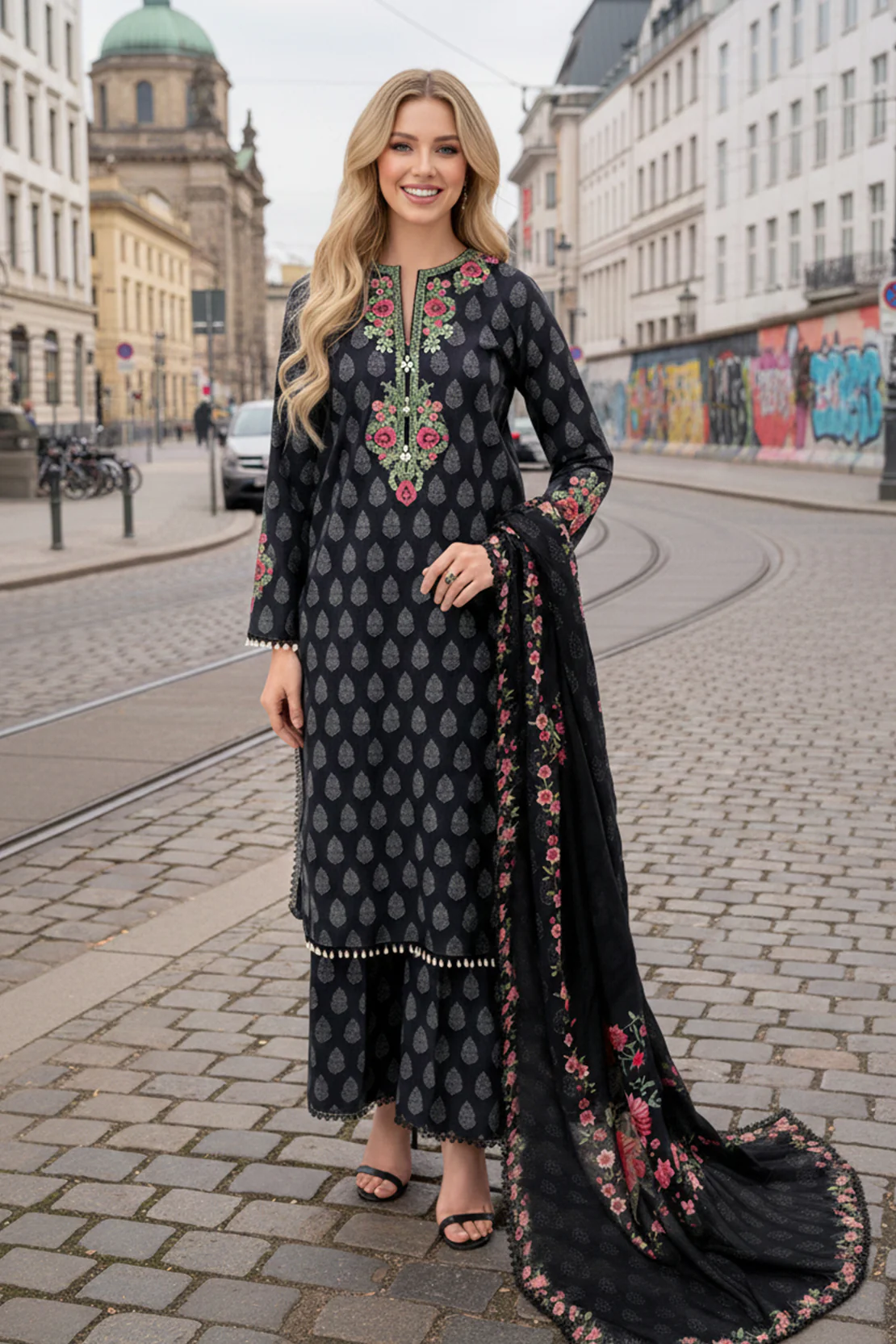 Embroidered - 3 Pc Slub Karandi Suit - Image 5