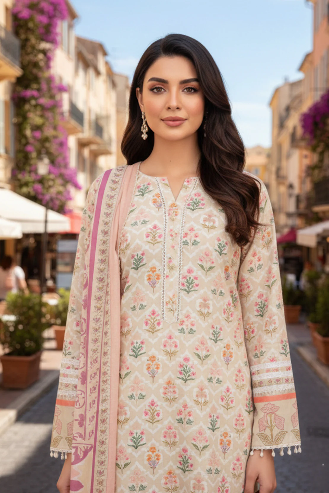 Printed - 3 Pc Slub Karandi Suit - Image 2