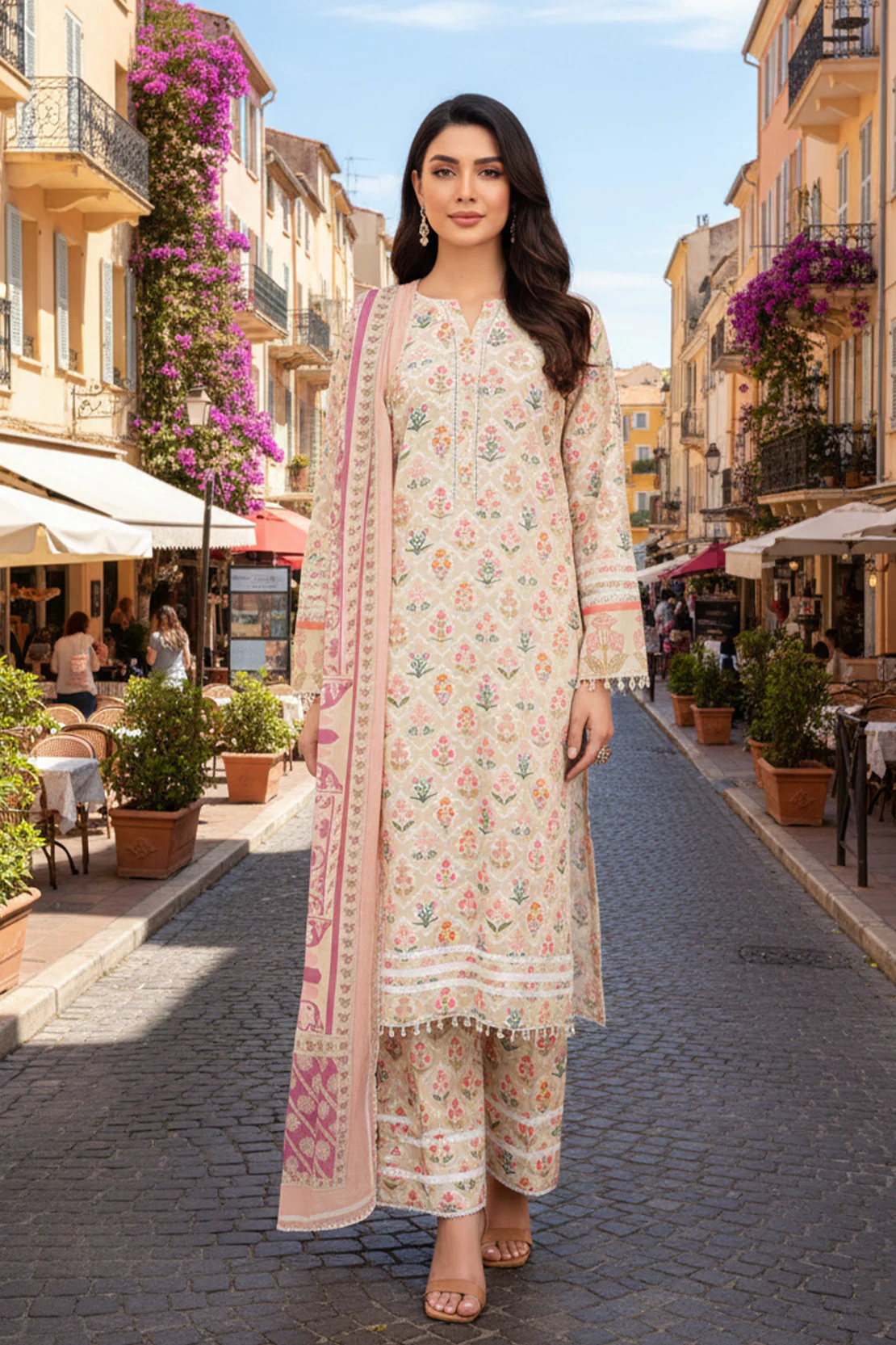 Printed - 3 Pc Slub Karandi Suit - Image 4