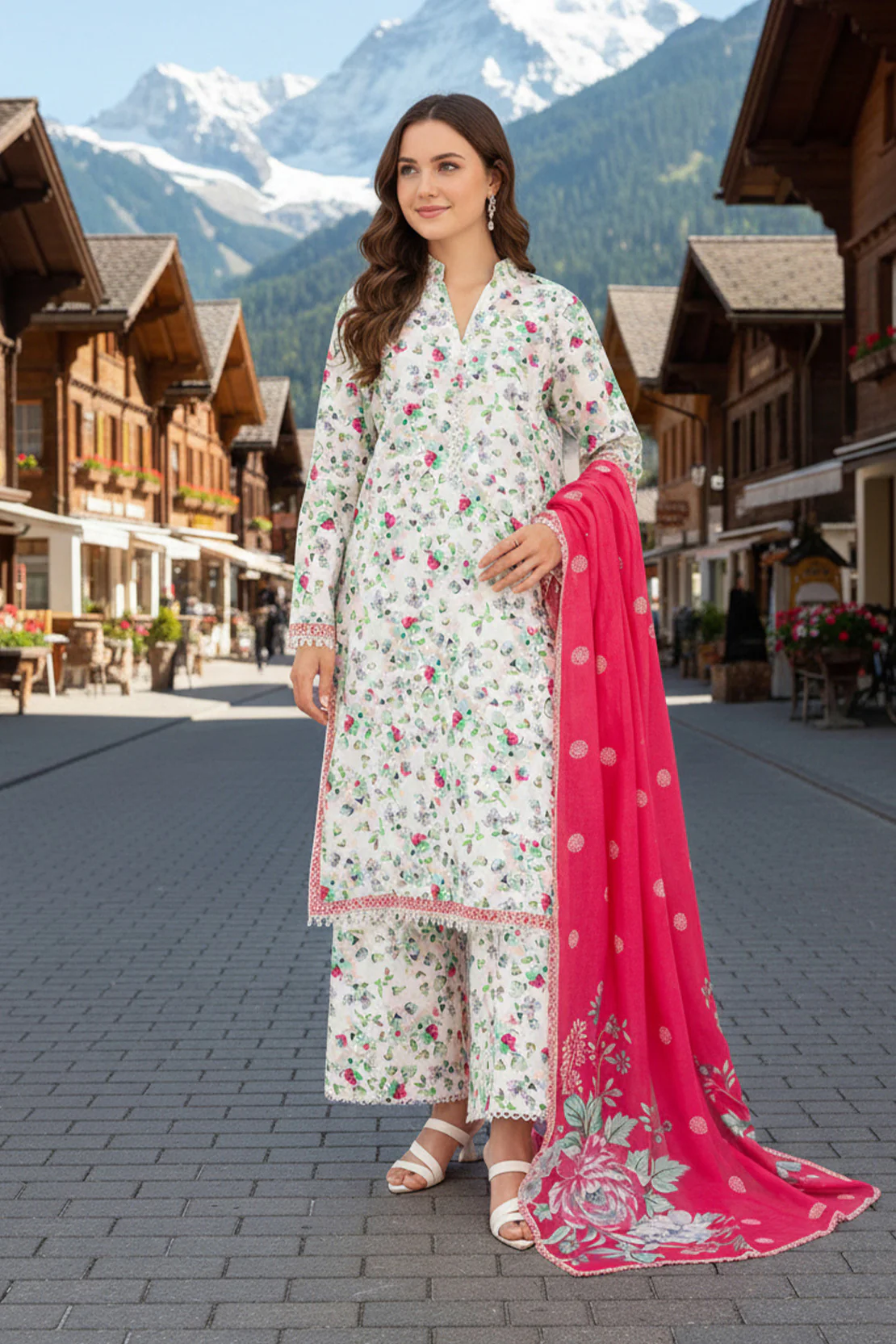 Printed - 3 Pc Slub Karandi Suit - Image 3