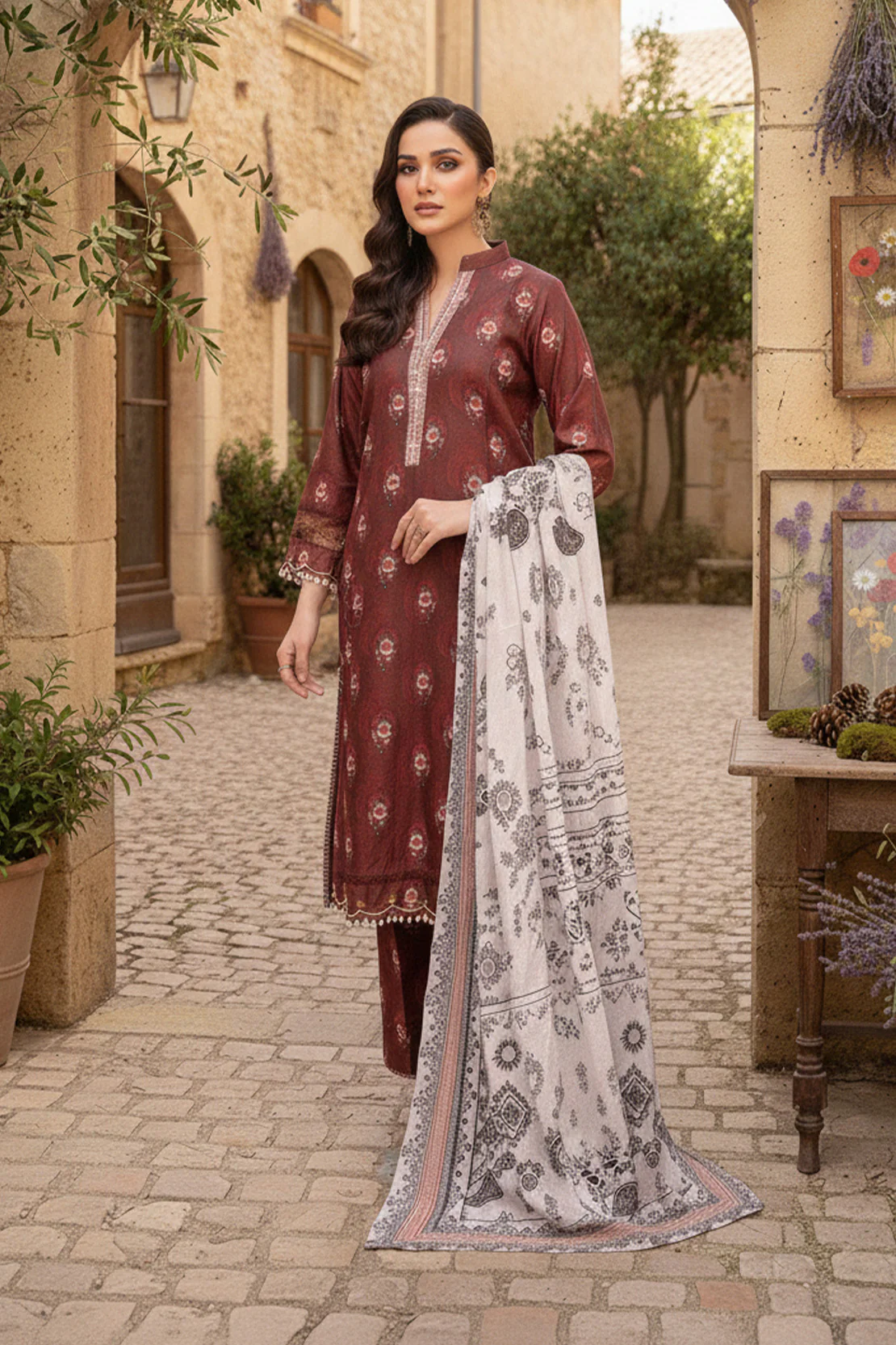 Printed - 3 Pc Slub Karandi Suit - Image 5