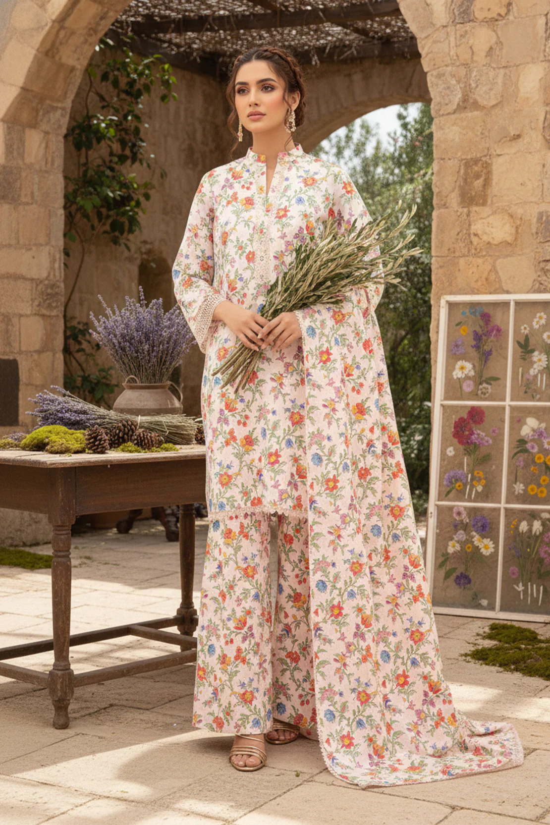 Printed - 3 Pc Slub Karandi Suit - Image 3