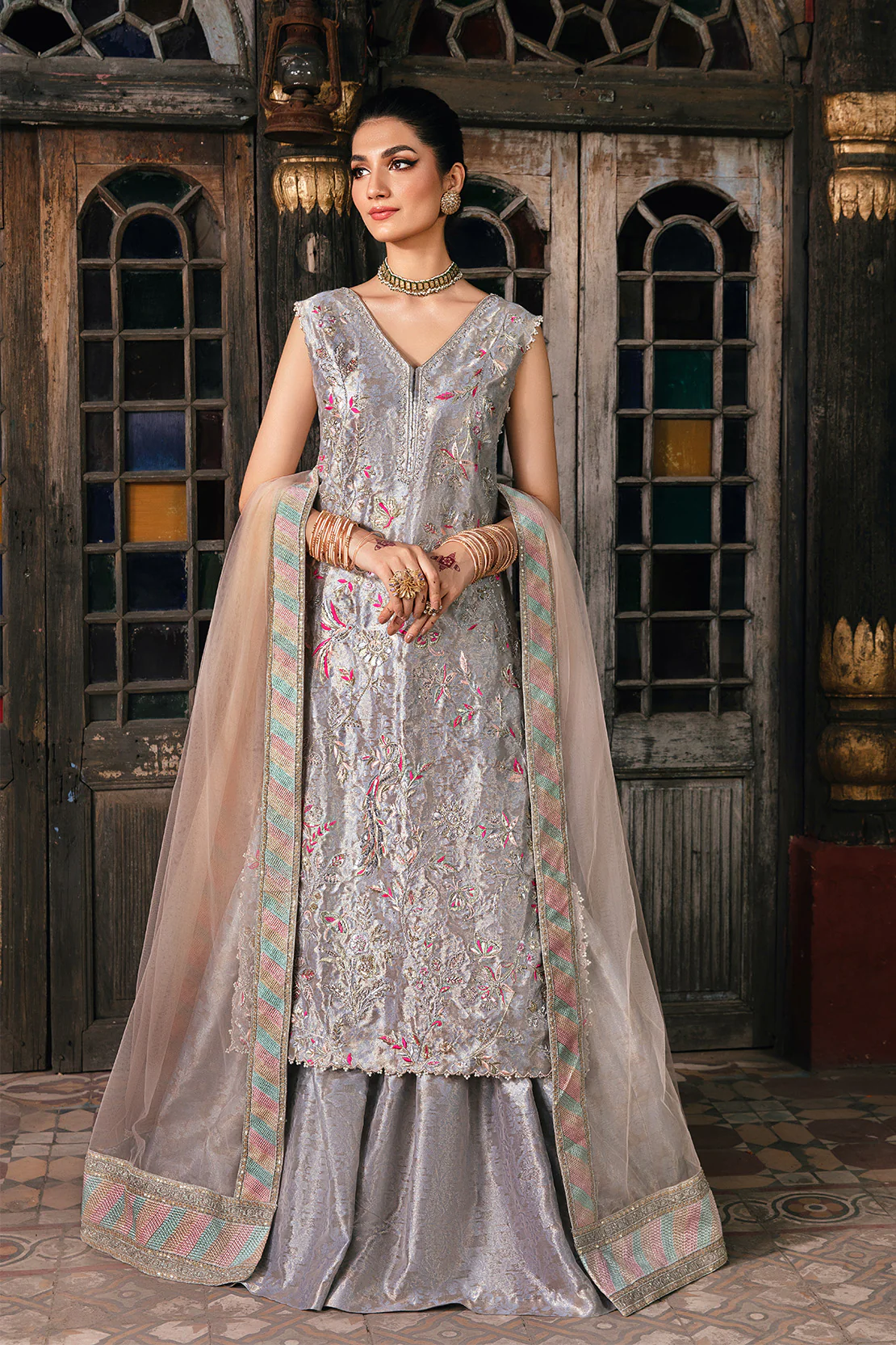 SIRAN – 3PC ZARI JAMAWAR & NET WEDDING FESTIVE PRET - Image 5