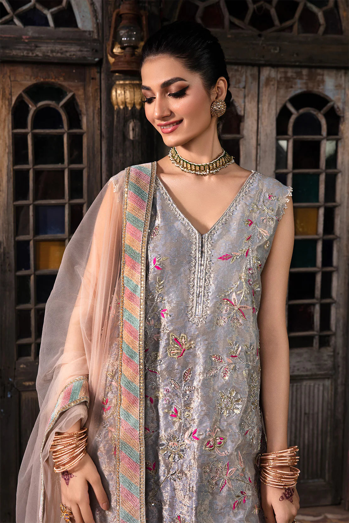 SIRAN – 3PC ZARI JAMAWAR & NET WEDDING FESTIVE PRET - Image 6