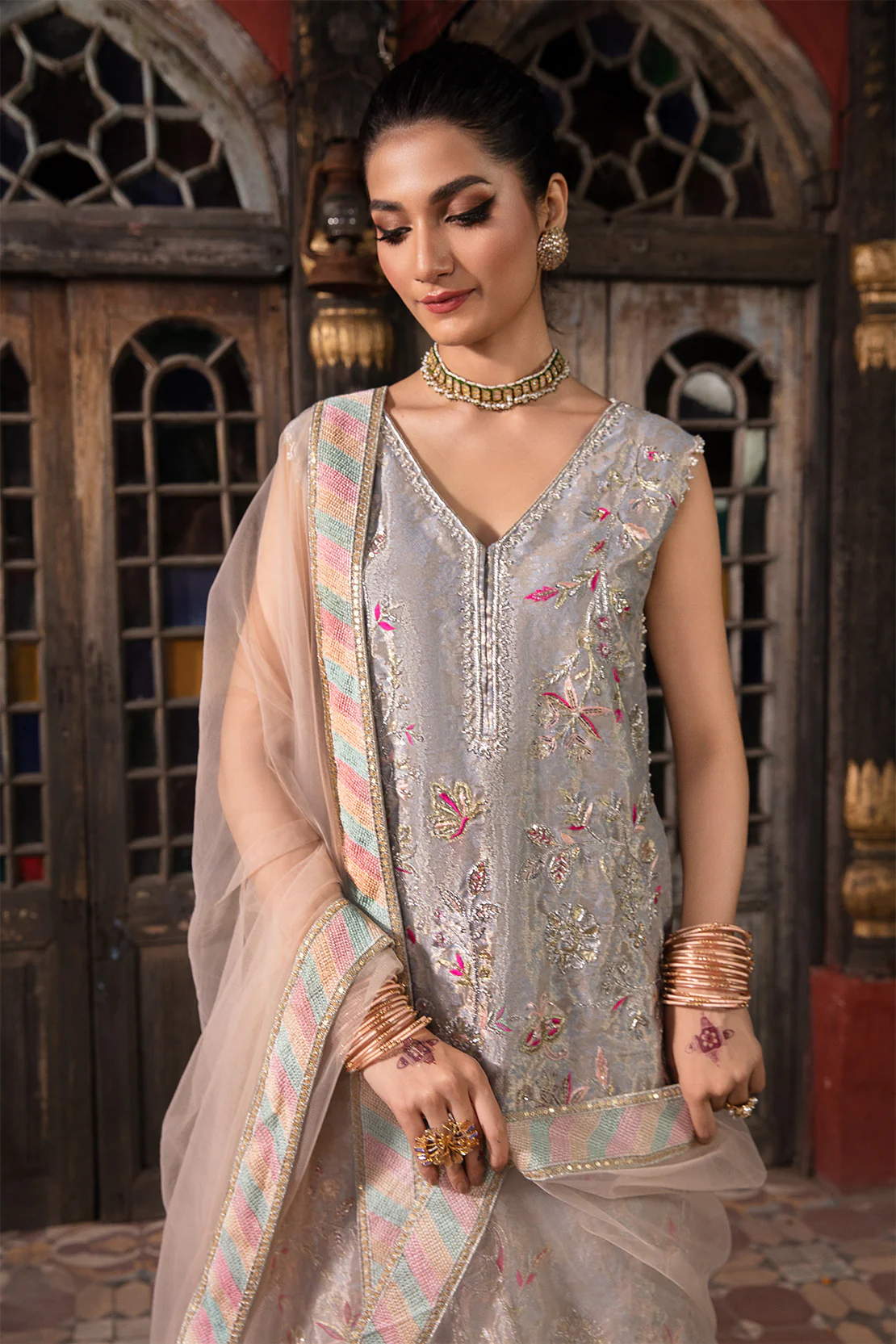 SIRAN – 3PC ZARI JAMAWAR & NET WEDDING FESTIVE PRET - Image 7